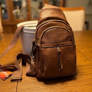 New! Brown Vegan Leather Crossbody Bag Three Compartments Adjustable Strap
